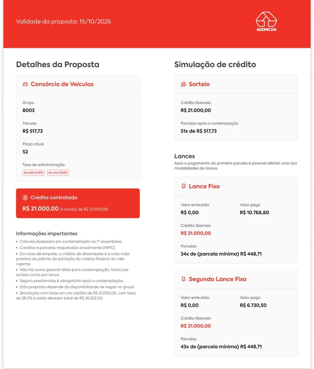 Print da simulação do AVA da Ademicon: consórcio de veículos, grupo 8003, carta de R$ 21.000, parcela de R$ 517,73, prazo de 52 meses e taxa de administração de 0,47% ao mês.