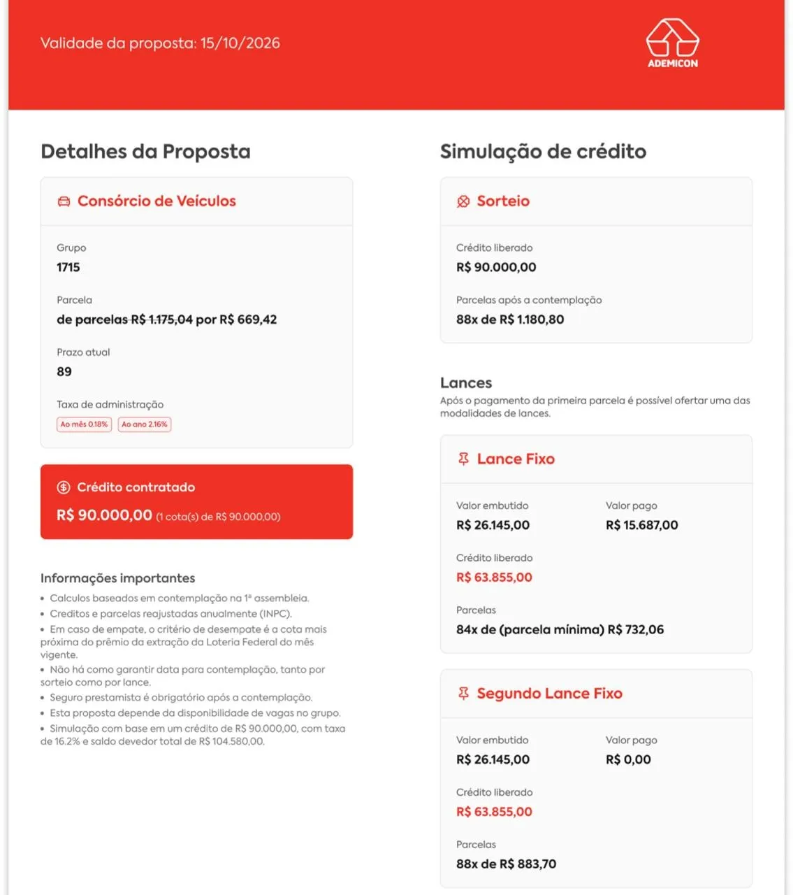 Print da simulação do AVA da Ademicon: consórcio de veículos, grupo 1715, carta de R$ 90.000, parcela de R$ 669,42 no lugar de R$ 1.175,04, prazo de 89 meses e taxa de administração de 0,18% ao mês.