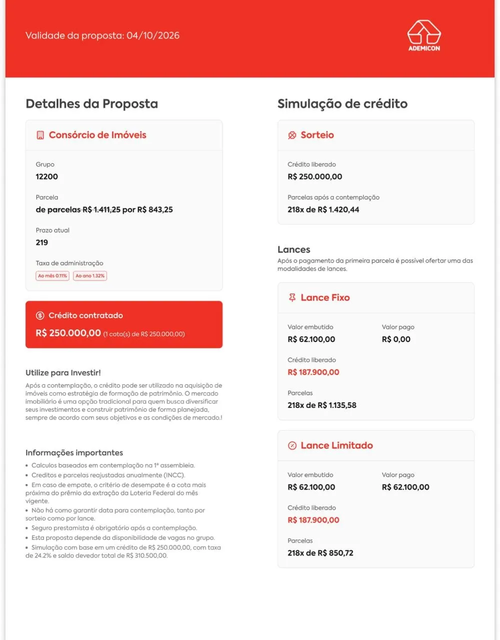 Print da simulação do AVA da Ademicon: consórcio de imóveis, grupo 12200, carta de R$ 250.000, parcela de R$ 843,25 no lugar de R$ 1.411,25, prazo de 219 meses e taxa de administração de 0,11% ao mês.