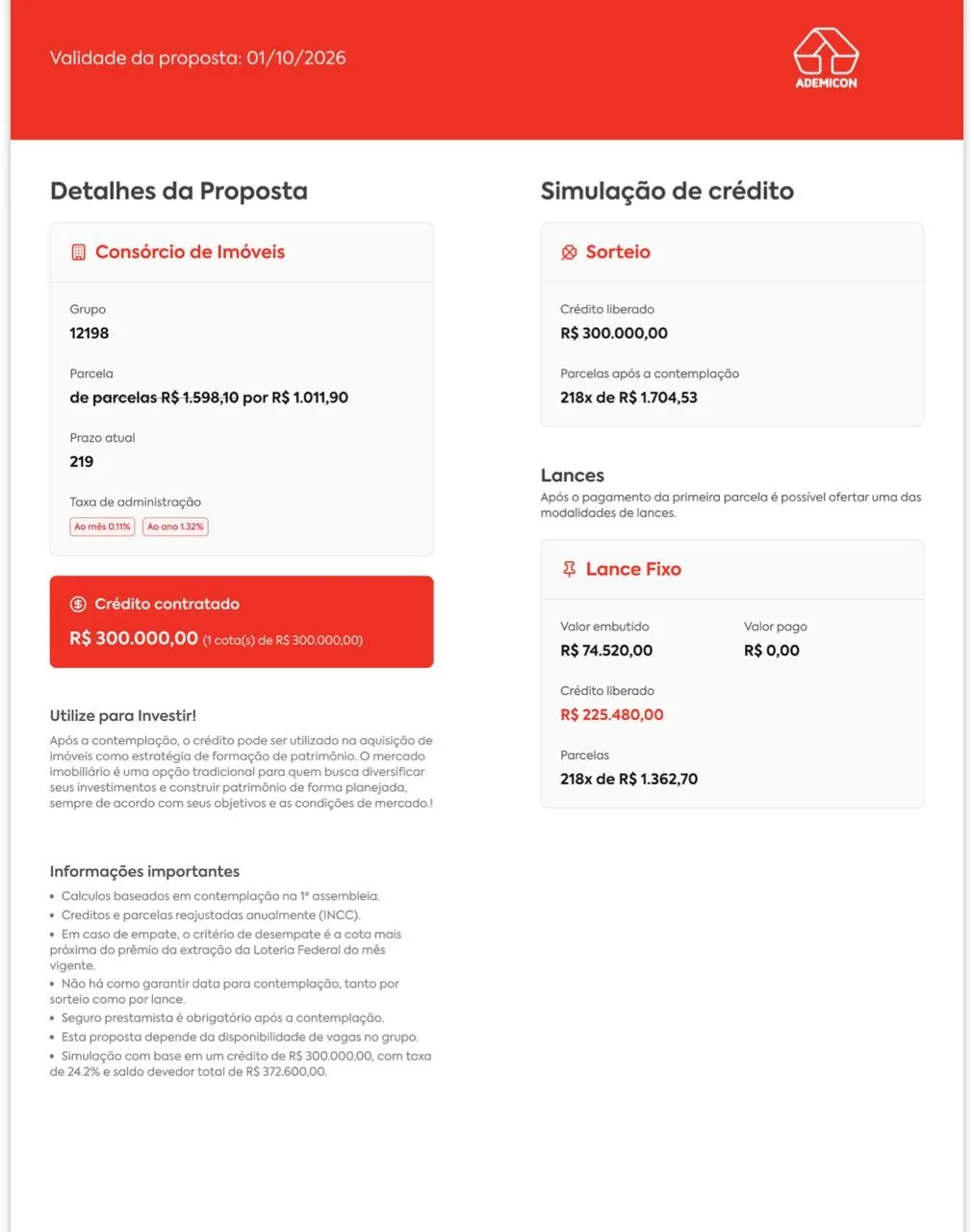 Print da simulação do AVA da Ademicon: consórcio de imóveis, grupo 12198, carta de R$ 300.000, parcela de R$ 1.011,90 no lugar de R$ 1.598,10, prazo de 219 meses e taxa de administração de 0,11% ao mês.